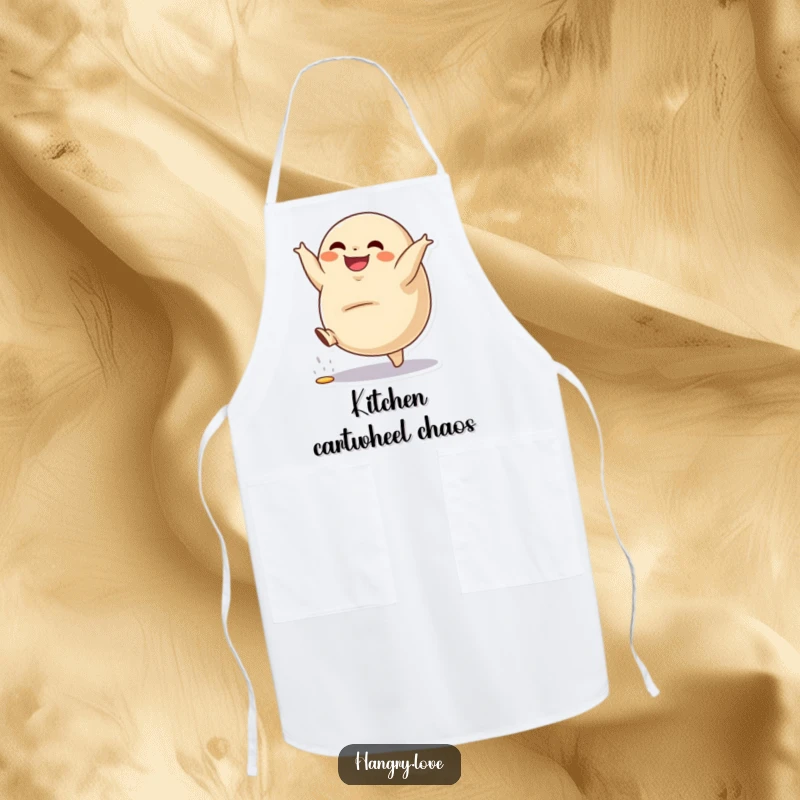 Funny apron with a grinning dumpling character doing a cartwheel, filling spilling, ideal for kitchen.