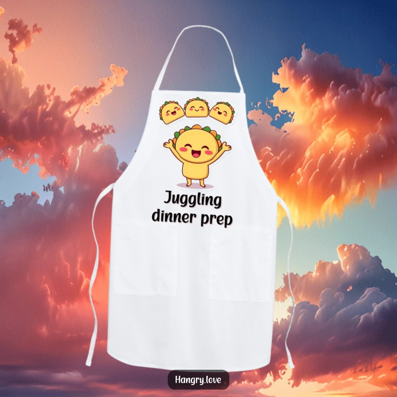 Funny apron with a smiling taco character juggling three smaller, winking tacos, ideal for kitchen use.