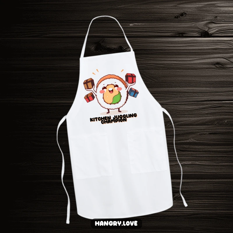 Funny sushi roll apron, arms juggling bento boxes while cooking, adding a humorous and practical touch to kitchens.