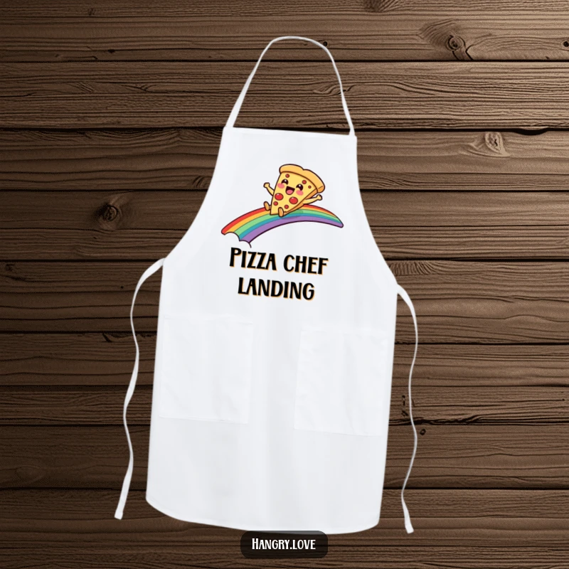 Funny apron with a delighted pizza slice character sliding down a rainbow bridge, ideal for kitchen use.