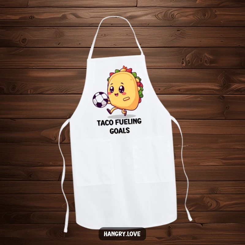 Funny taco apron, kawaii soccer player kicking a ball, adding a humorous and practical touch for kitchen game days.