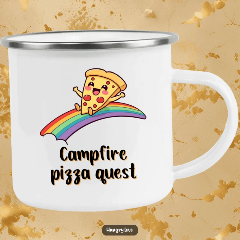 Funny camping mug showing a delighted pizza slice character sliding down a rainbow bridge, portable and tough.