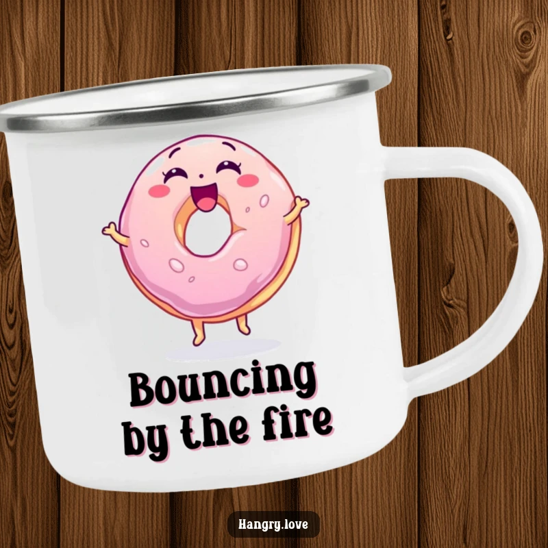 Funny jelly donut camping mug, wobbly and excited, bouncing on its base, perfect for enjoying beverages outdoors.