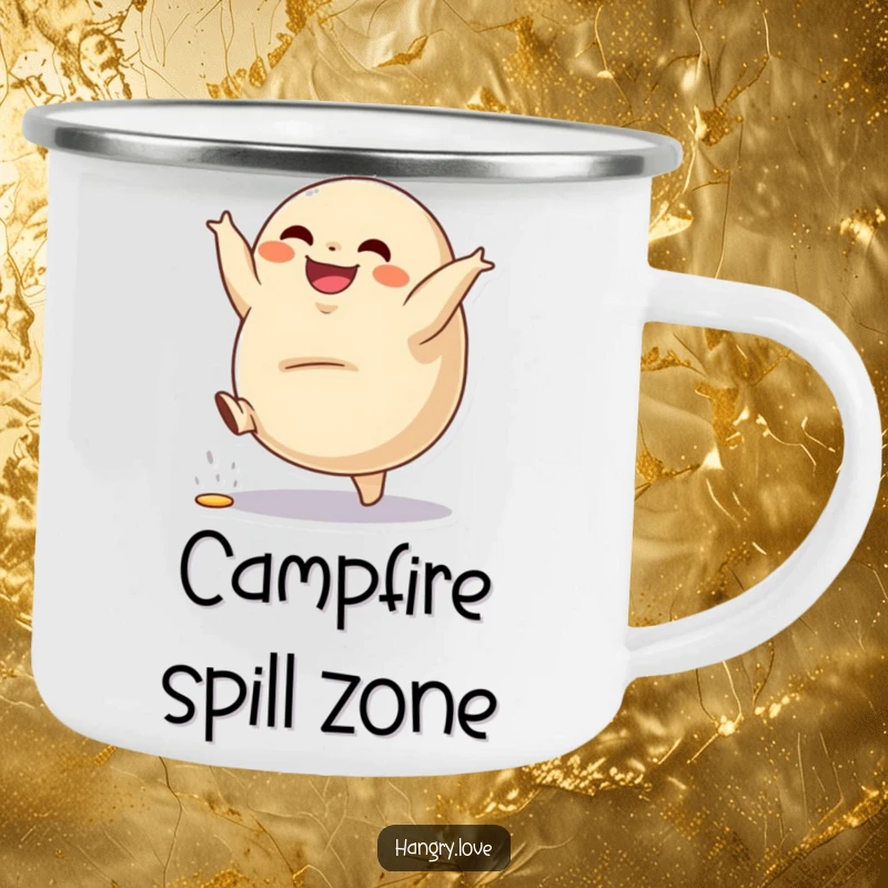 Funny camping mug showing a grinning dumpling character doing a cartwheel, filling spilling, portable and tough.
