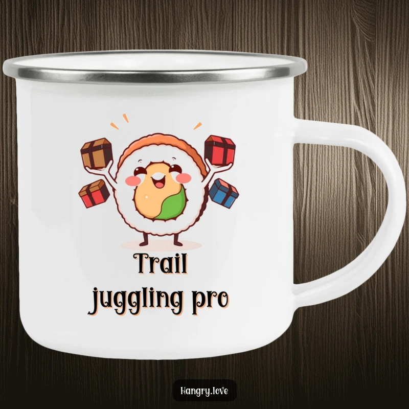 Funny sushi roll camping mug, arms juggling bento boxes, perfect for outdoor sipping with a side of comic relief.