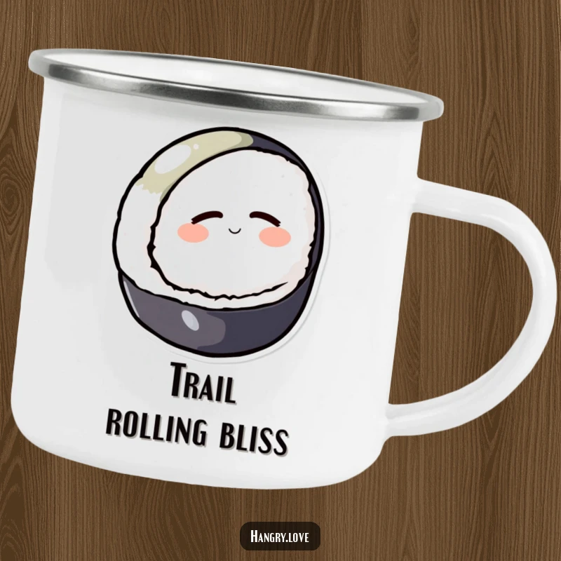Funny camping mug showing a round sushi character rolling downhill with content eyes, portable and sturdy.