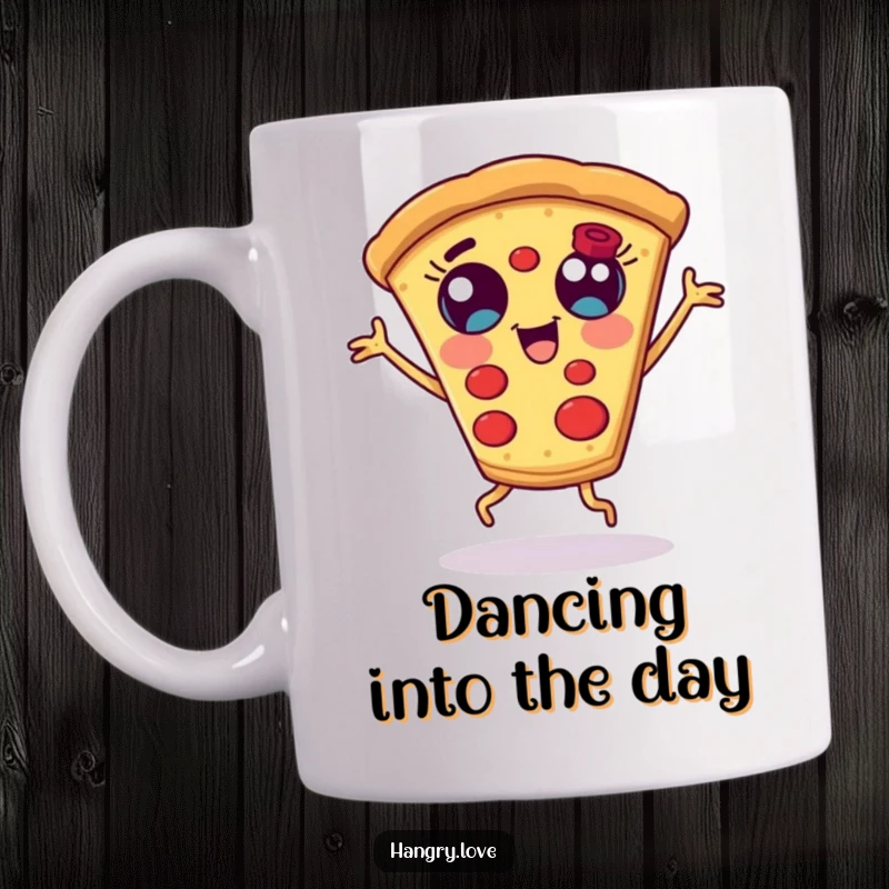 Funny pizza slice mug, with wide eyes and stubby legs, enthusiastically dancing with pure delight and edible comedy.