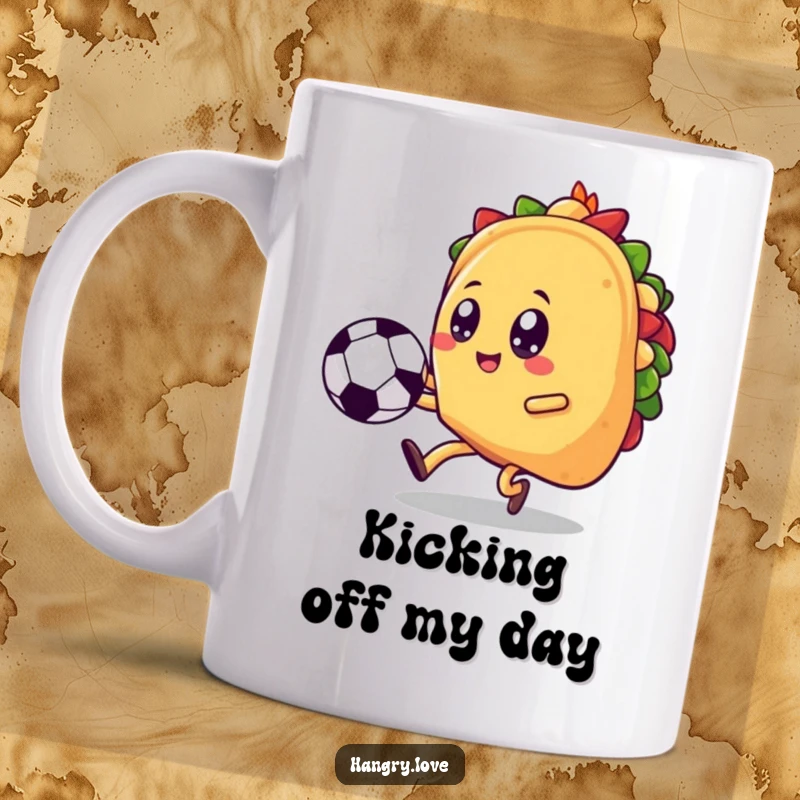 Funny taco soccer mug, kawaii style with big eyes, kicking a ball upwards with enthusiasm, a comedic sports-food fusion.