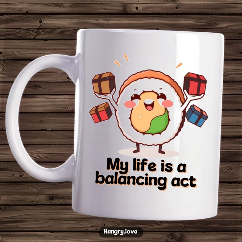 Funny sushi roll mug with tiny arms juggling bento boxes, bursting with joy and comedic energy, perfect for foodies.