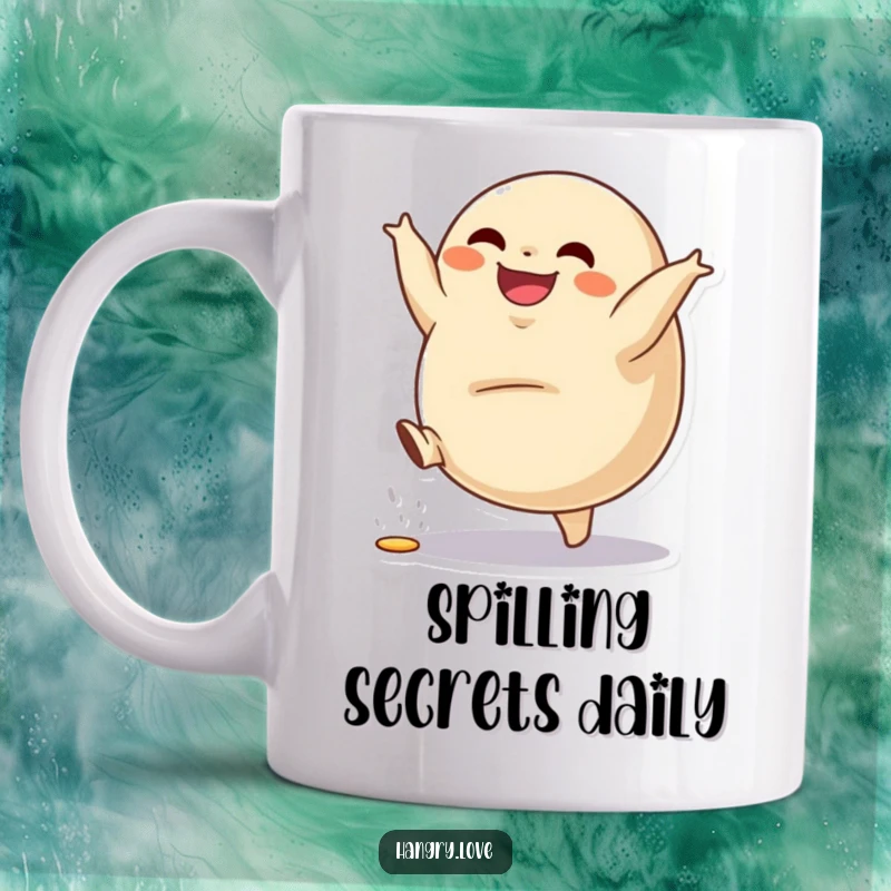 Funny mug depicting a grinning dumpling character doing a cartwheel, with its filling spilling slightly, celebrating fun.