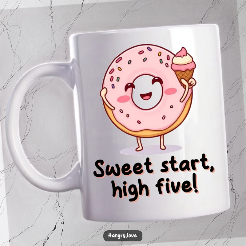 Funny donut mug with sprinkles, high-fiving a happy ice cream cone, showcasing a delightful moment of sugary friendship.