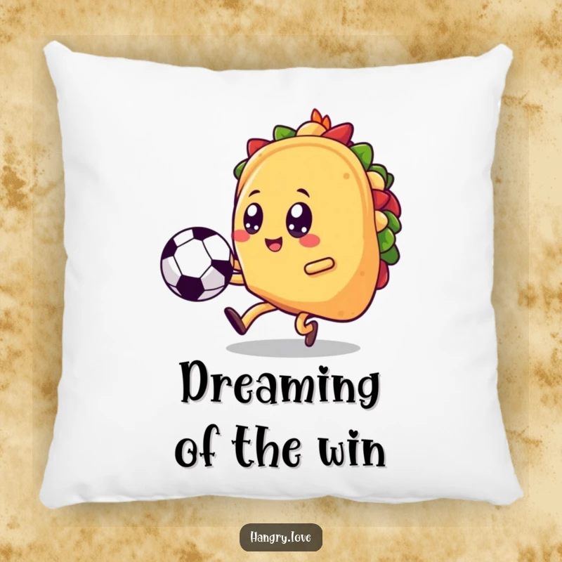 Funny taco pillow, kawaii soccer player kicking a ball, providing soft comfort and a humorous, sporty vibe.