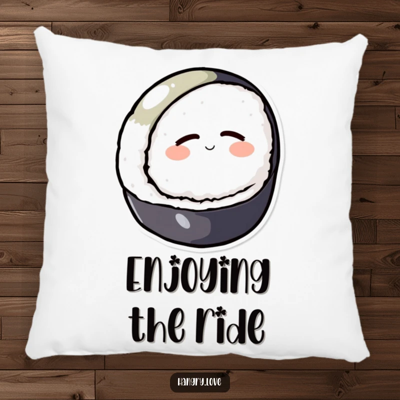 Funny pillow featuring a round sushi character rolling downhill with content eyes, decorative and cozy.