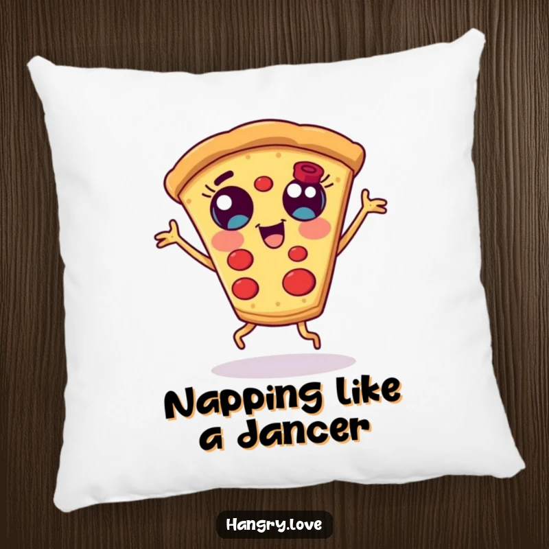 Funny pizza slice pillow, with wide eyes and stubby legs, dancing with joy, offering soft comfort and cheesy humor.