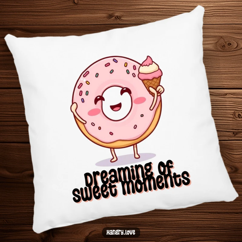 Funny donut pillow high-fiving an ice cream cone, sprinkles and arms, offering soft comfort and a dose of sugary cheer.