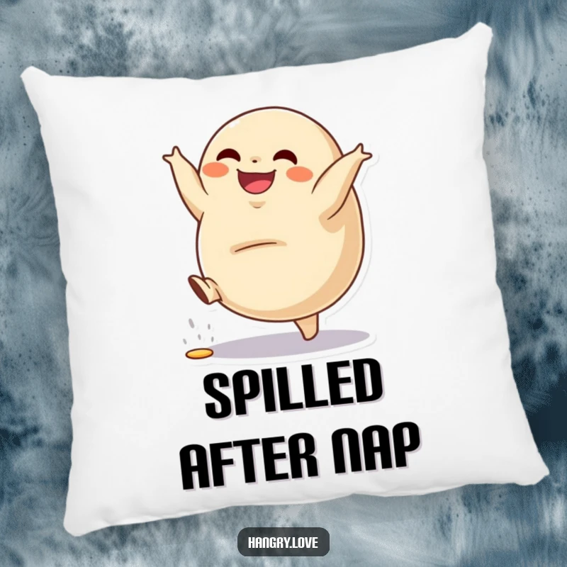 Funny pillow featuring a grinning dumpling character doing a cartwheel, filling spilling slightly, decorative and huggable.