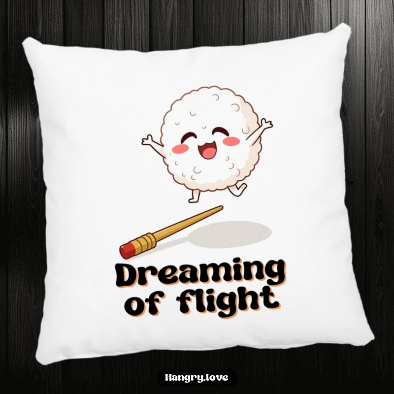 Funny pillow featuring a happy rice ball character leaping over a chopstick, decorative and huggable.