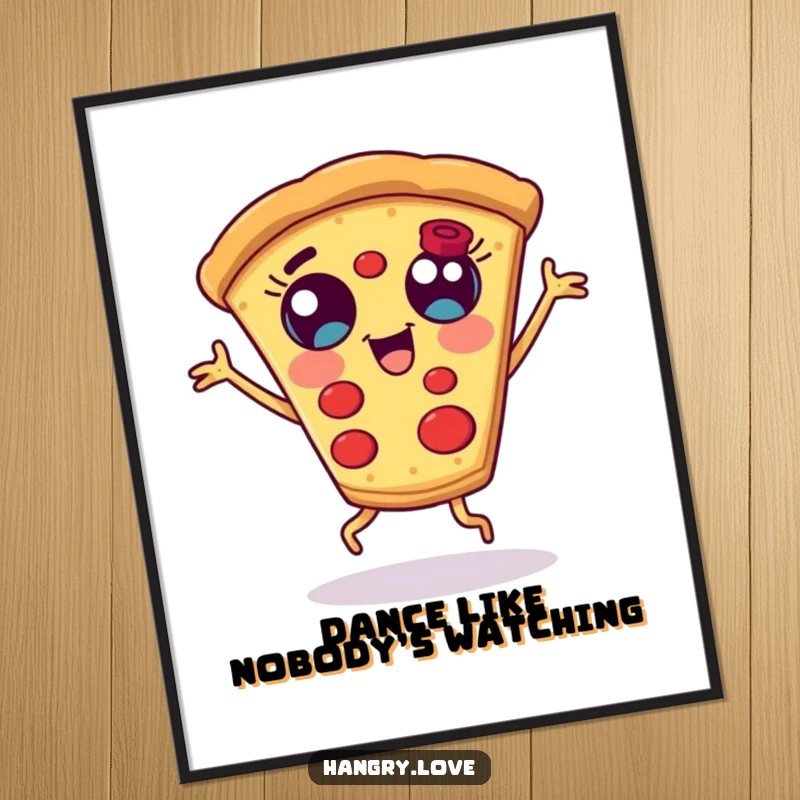 Funny pizza slice digital art print, with wide eyes and stubby legs, dancing, a downloadable piece of humorous food art.