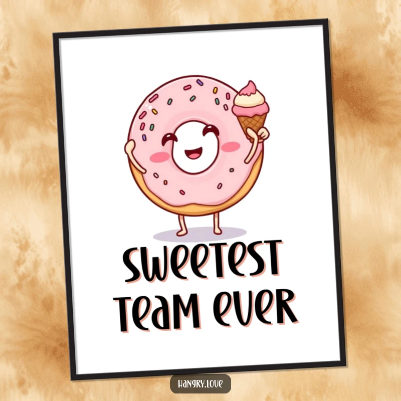 Funny donut digital art print high-fiving an ice cream cone, sprinkles and arms, a downloadable piece of edible art.
