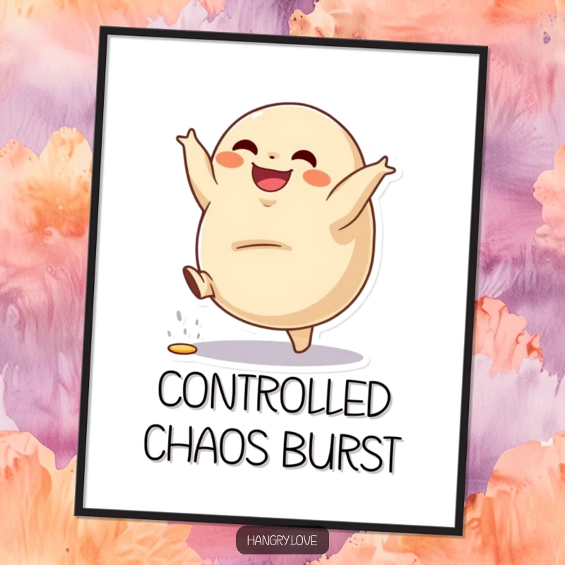 Funny digital art print of a grinning dumpling character doing a cartwheel, filling spilling, printable decor.