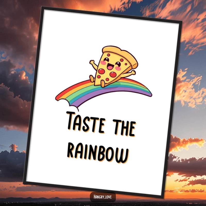Funny digital art print of a delighted pizza slice character sliding down a rainbow bridge, printable decor.
