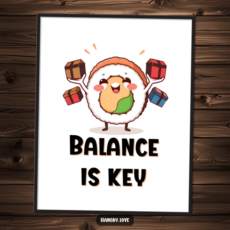 Funny sushi roll digital art print, arms juggling bento boxes, a high-resolution, printable piece of comical food art.