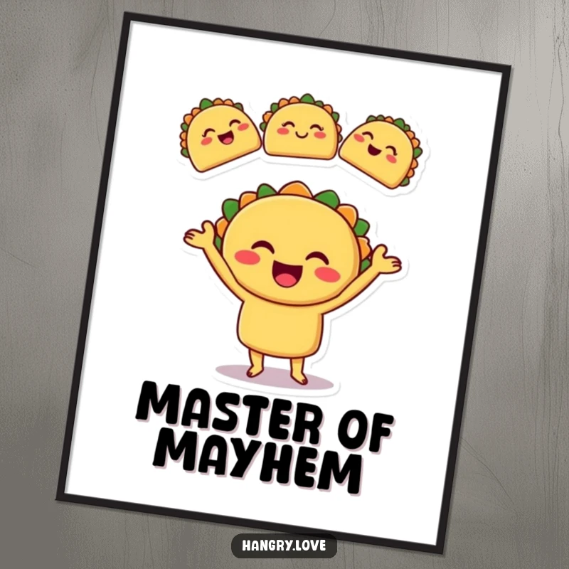 Funny digital art print of a smiling taco character juggling three winking tacos, printable decor.