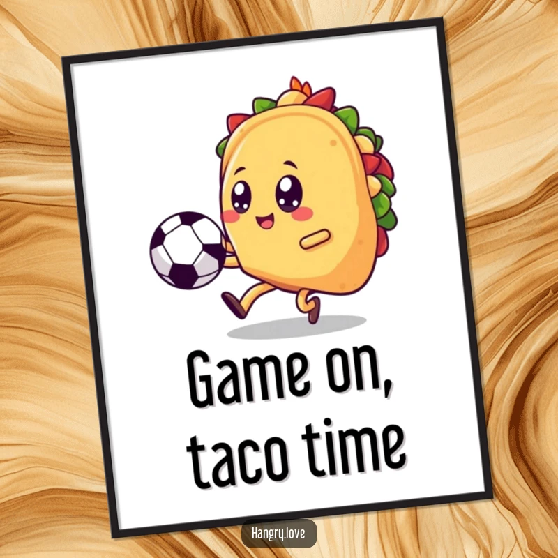 Funny taco digital art print, kawaii soccer player kicking a ball, a high-resolution, printable piece of humorous sports-food art.