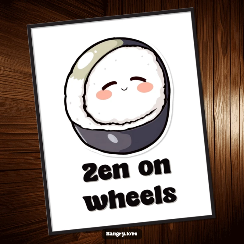 Funny digital art print of a round sushi character rolling downhill with closed eyes, printable decor.