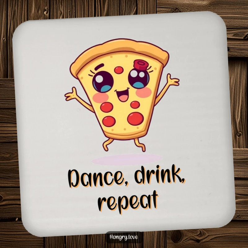 Funny pizza slice coaster, with wide eyes and stubby legs, dancing, a humorous and practical accessory.