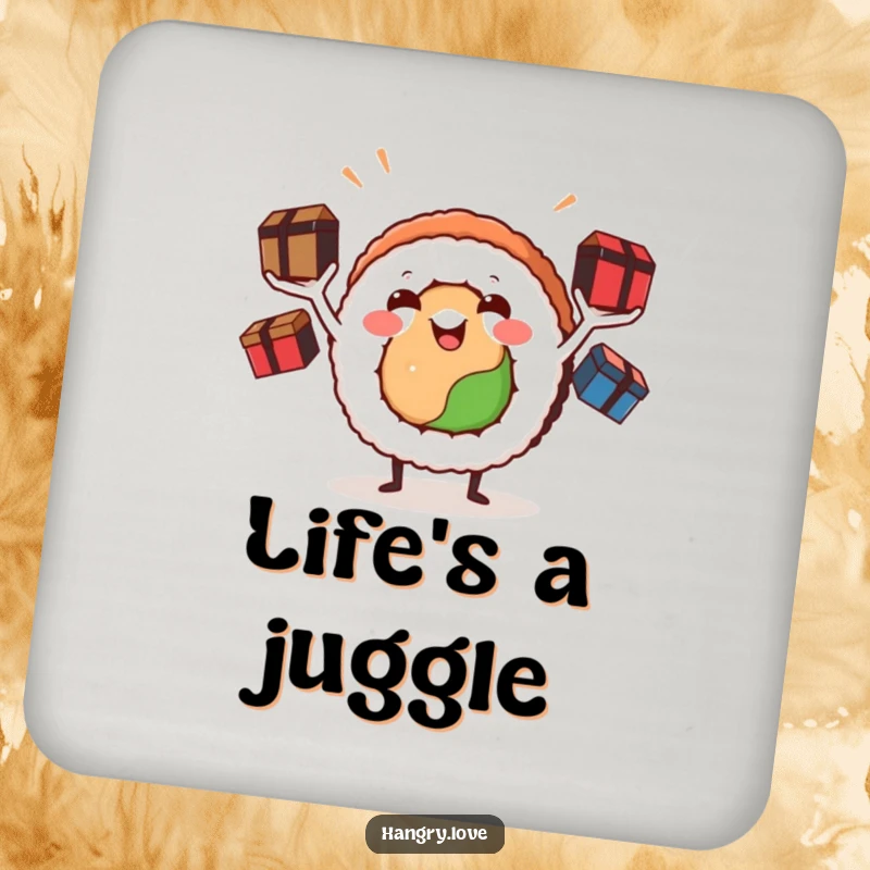 Funny sushi roll coaster, arms juggling bento boxes, adding a touch of edible art and conversation to any tabletop.