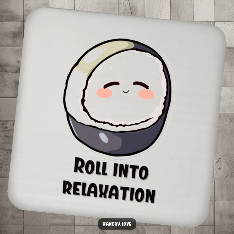 Funny drink coasters featuring a round sushi character rolling downhill with closed eyes, protecting surfaces.
