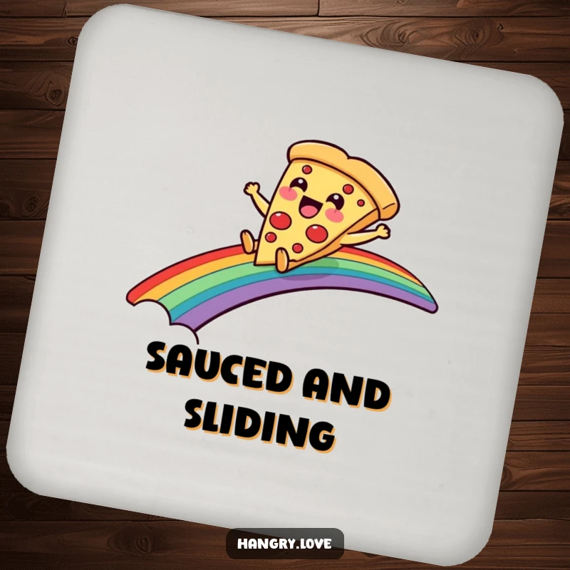 Funny drink coasters featuring a delighted pizza slice character sliding down a rainbow bridge, protecting furniture.