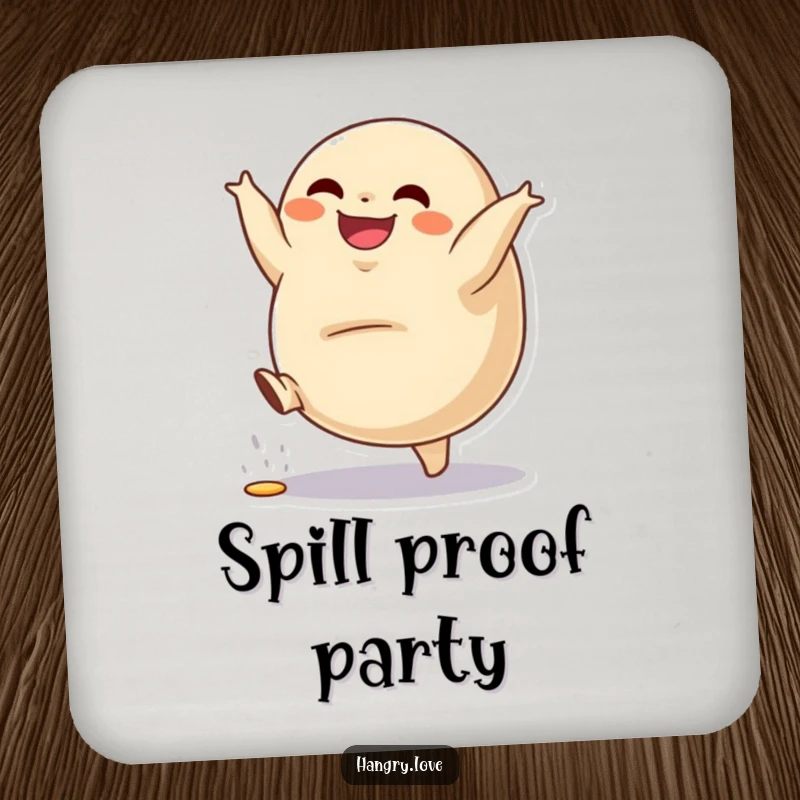 Funny drink coasters featuring a grinning dumpling character doing a cartwheel, filling spilling, protecting furniture.