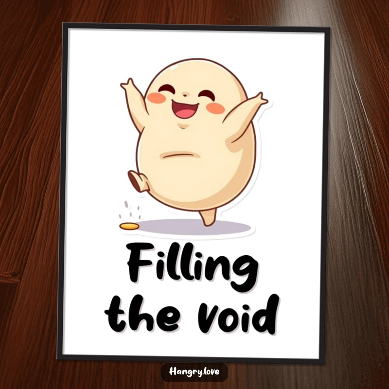 Funny poster showcasing a grinning dumpling character doing a cartwheel, filling spilling, lively wall decor.