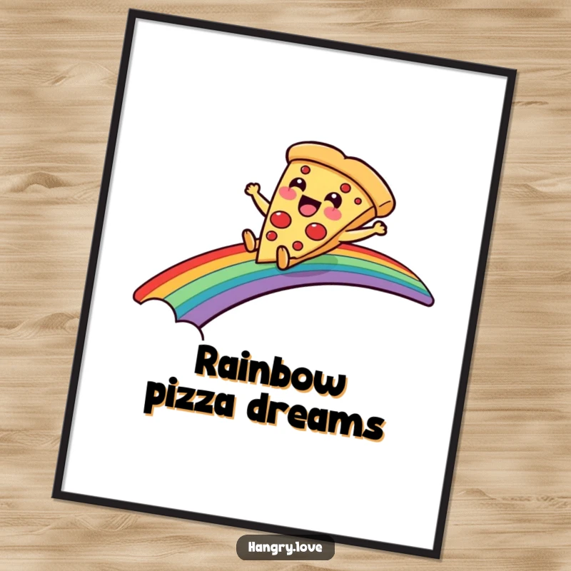 Funny poster showcasing a delighted pizza slice character sliding down a rainbow bridge, vibrant wall decor.