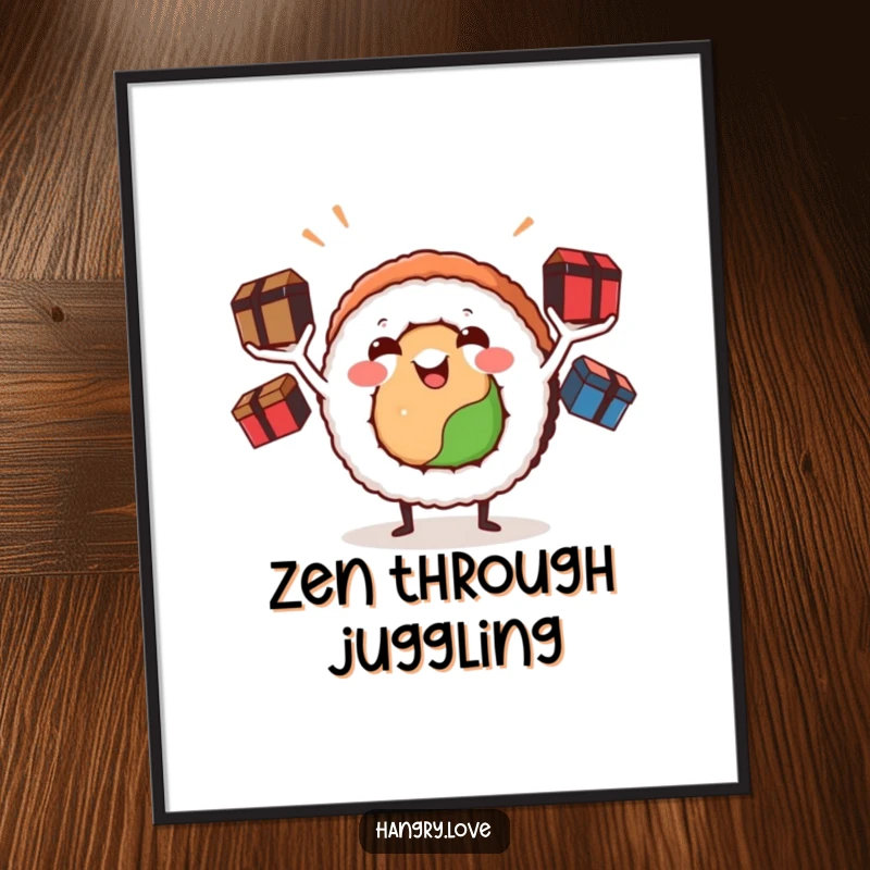 Funny sushi roll poster, arms in motion juggling bento boxes, capturing a moment of pure, edible comedy and delight.