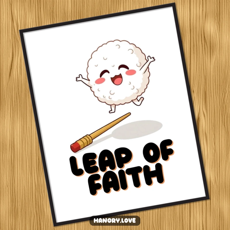 Funny poster of a cheerful rice ball character leaping over a fallen chopstick, whimsical wall decor.