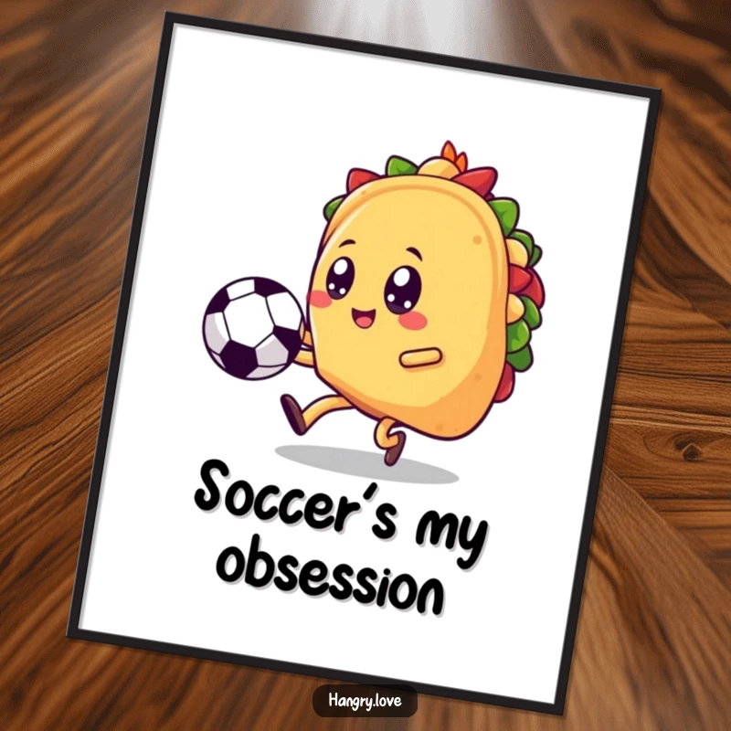 Funny taco poster, cheerful kawaii design, kicking a soccer ball with energy, a dynamic and humorous piece of art.