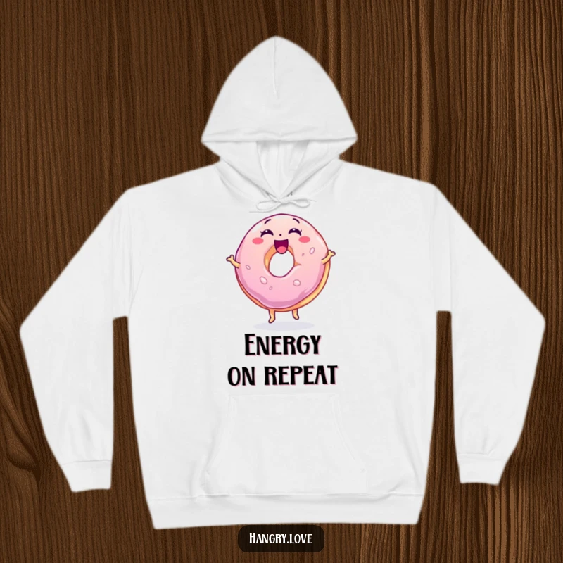 Funny jelly donut hoodie, wobbly and excited, bouncing on its base, offering warmth and sugary, comical cheer.