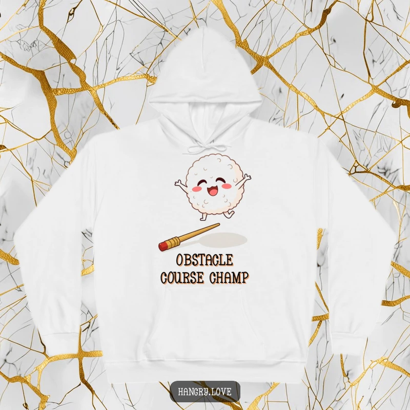 Funny hoodie with a cheerful rice ball character leaping over a chopstick, soft and comfortable.
