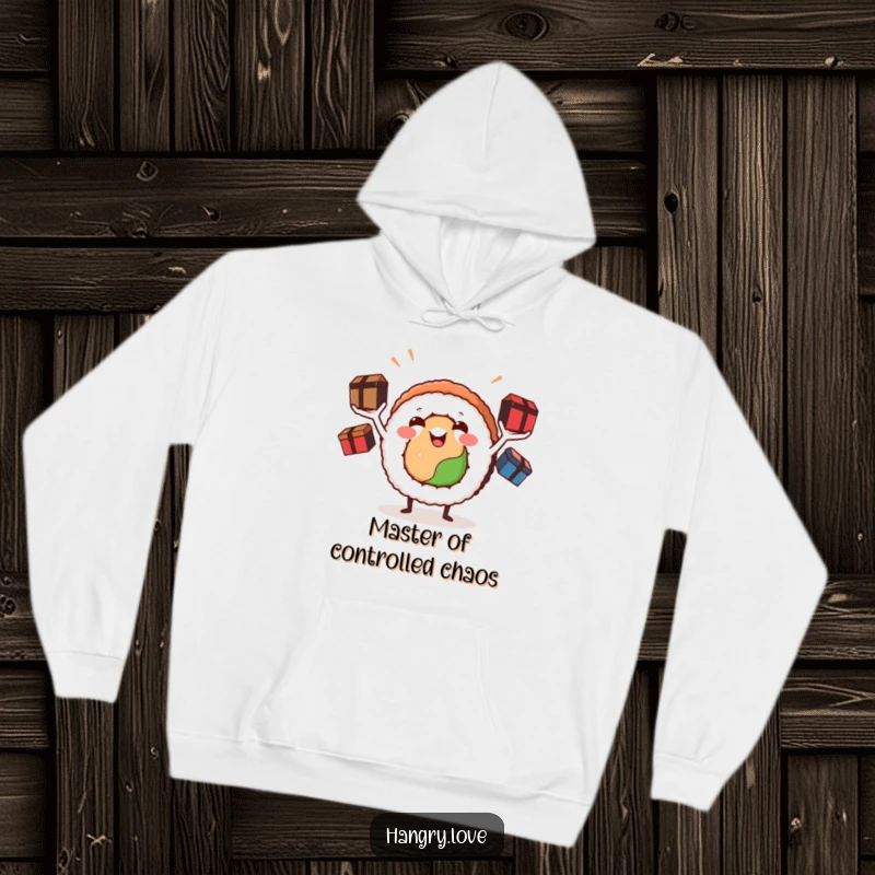 Funny sushi roll hoodie, arms juggling bento boxes with a smile, bringing whimsical and warm foodie humor to your day.