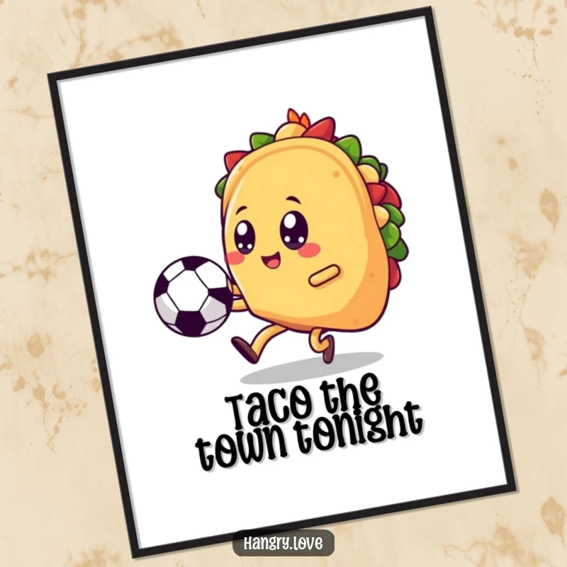Funny Free Printable Wall Art depicting a cheerful kawaii taco with legs energetically kicking a soccer ball.