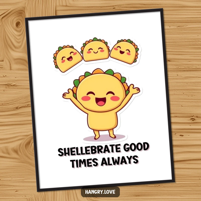 Funny Free Printable Taco Wall Art: A smiling taco character juggles smaller tacos, radiating fun. High-quality downloadable art.
