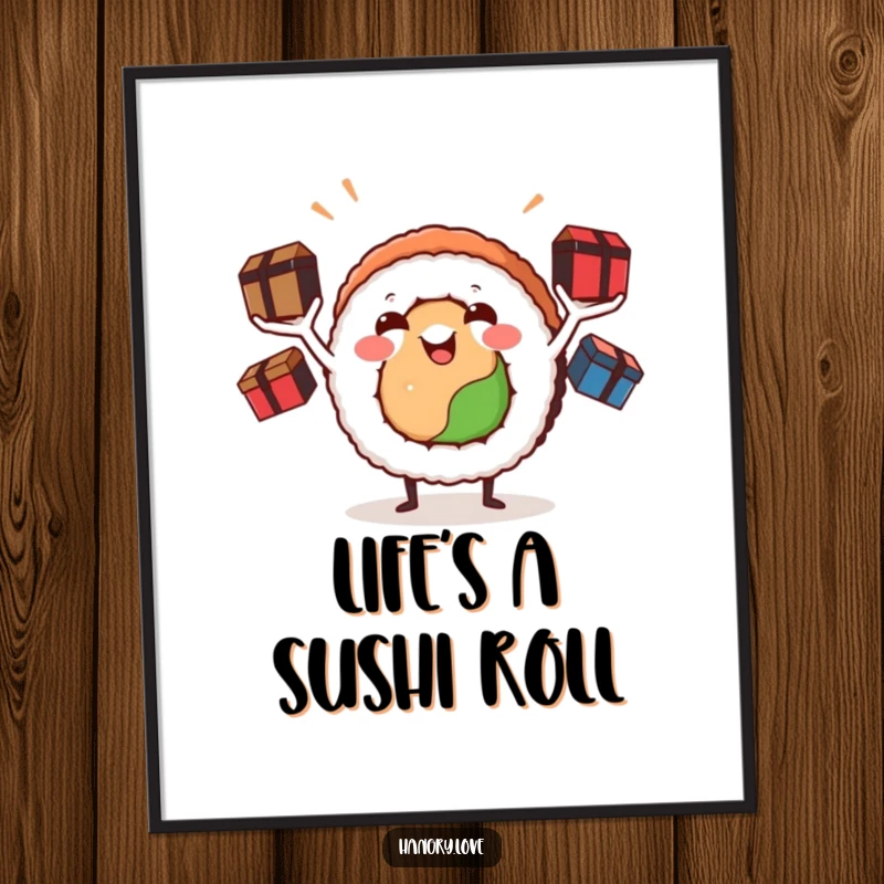 Funny Free Printable Wall Art of a smiling sushi roll with tiny arms, enthusiastically juggling bento boxes.