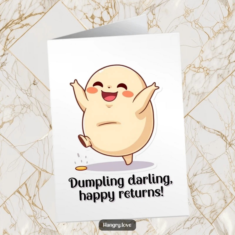 Funny Free Printable Dumpling Birthday Card: A grinning dumpling does a cartwheel, filling spills slightly. Energetic downloadable art.