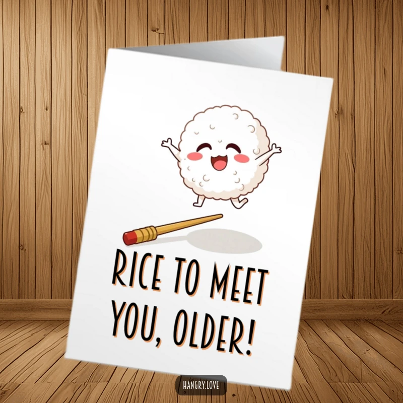 Funny Free Printable Rice Ball Birthday Card: A cheerful rice ball leaps over a chopstick, celebrating. Hilarious downloadable art.