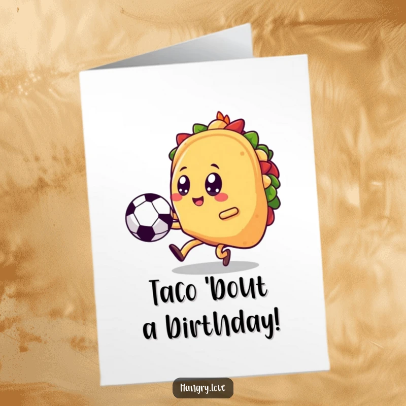 Funny Free Printable Birthday Card: A cheerful kawaii taco with legs kicking a soccer ball skyward.