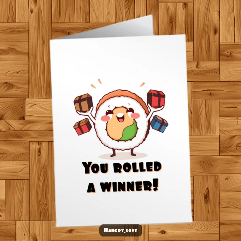 Funny Free Printable Congratulations Card showcasing a happy sushi roll juggling bento boxes, celebrating success.