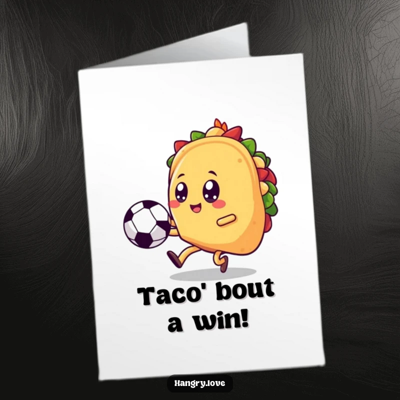 Funny Free Printable Congratulations Card featuring a kawaii taco with legs kicking a soccer ball upwards.